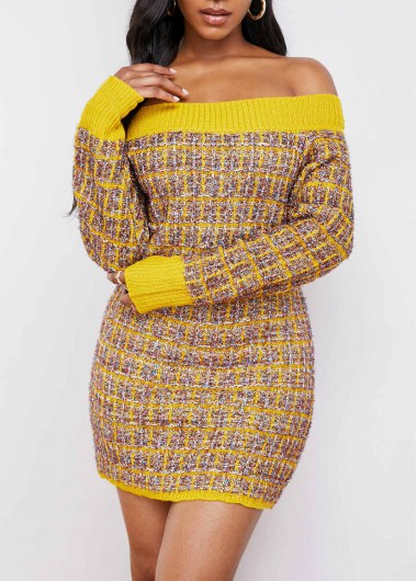 Yellow dresses,Contrast Color dresses,ROTITA Contrast Long Sleeve Off Shoulder Sweater Dress