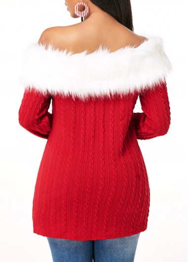 Red tops,Plain Color tops,ROTITA Twist Detail Fur Collar Long Sleeve T Shirt