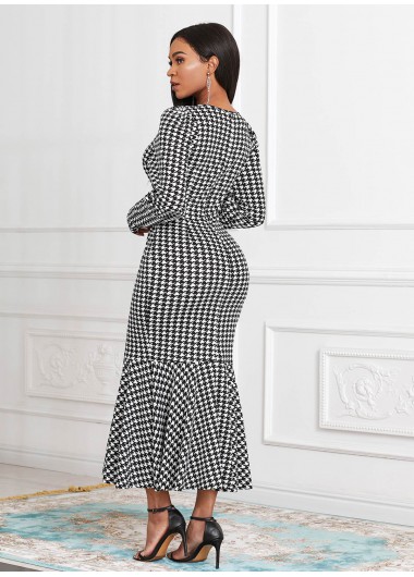 Black dresses,Houndstooth dresses,ROTITA Long Sleeve Houndstooth Print Round Neck Mermaid Dress