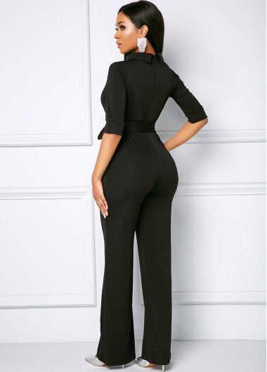 Black jumpsuits & rompers,Plain Color jumpsuits & rompers,Belted Half Sleeve Side Pocket Jumpsuit