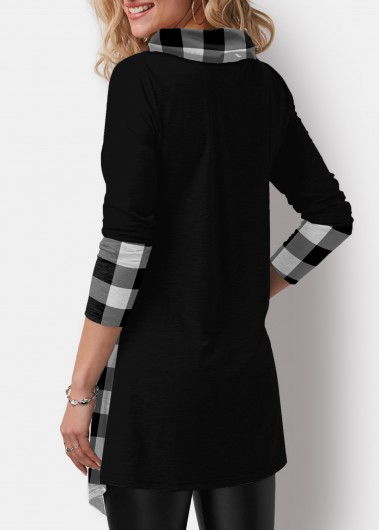 Black tops,Plaid tops,ROTITA Decorative Button Plaid Black Cowl Neck Sweatshirt