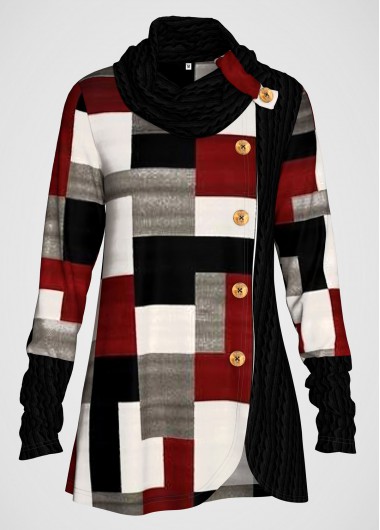 Red tops,Geometric tops,ROTITA Decorative Button Geometric Print Red Cowl Neck Sweatshirt