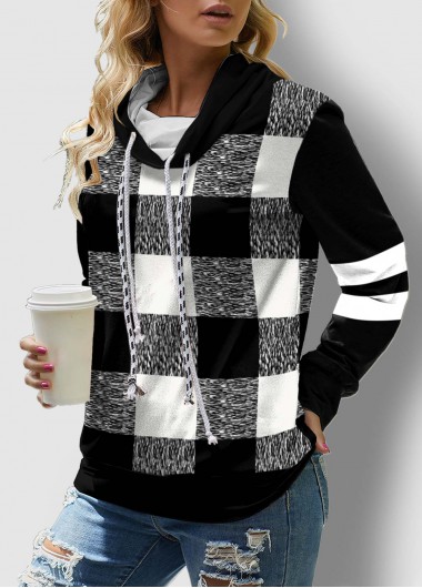 Black tops,Plaid tops,ROTITA Drawstring Neck Plaid Long Sleeve Contrast Sweatshirt