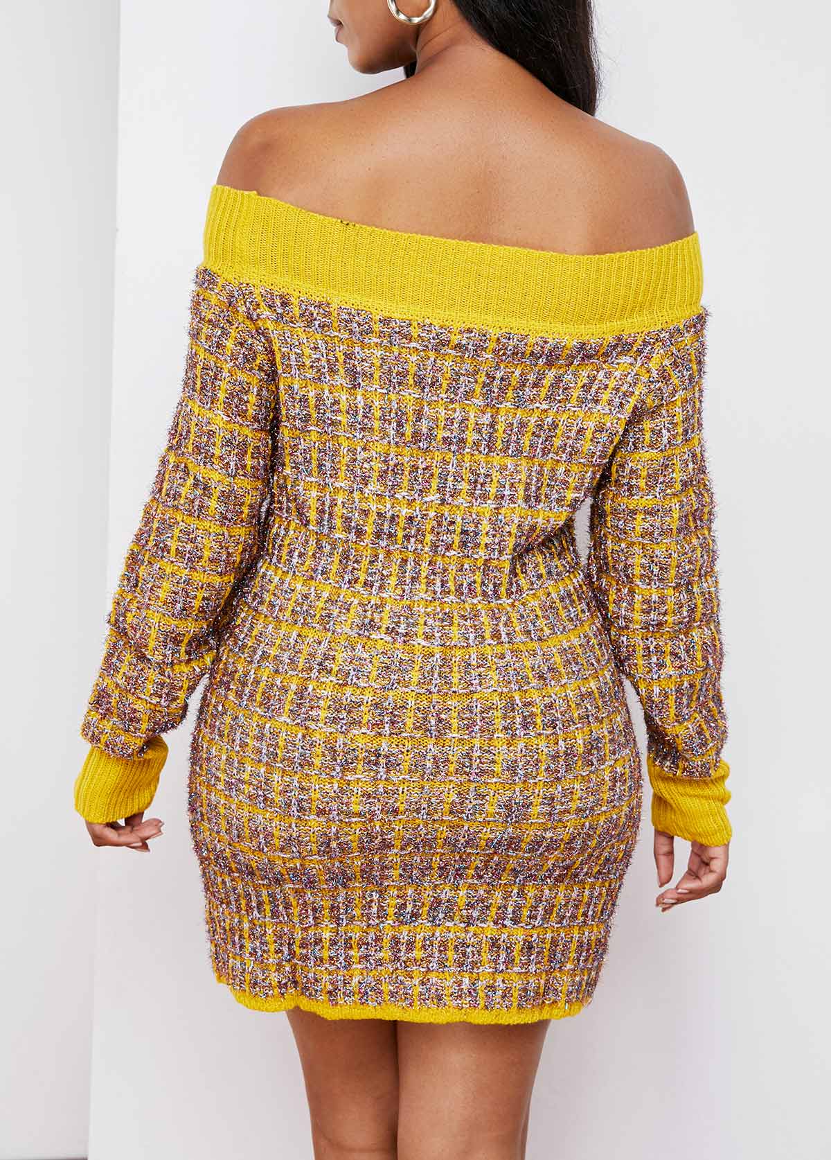 Yellow dresses,Contrast Color dresses,ROTITA Contrast Long Sleeve Off Shoulder Sweater Dress