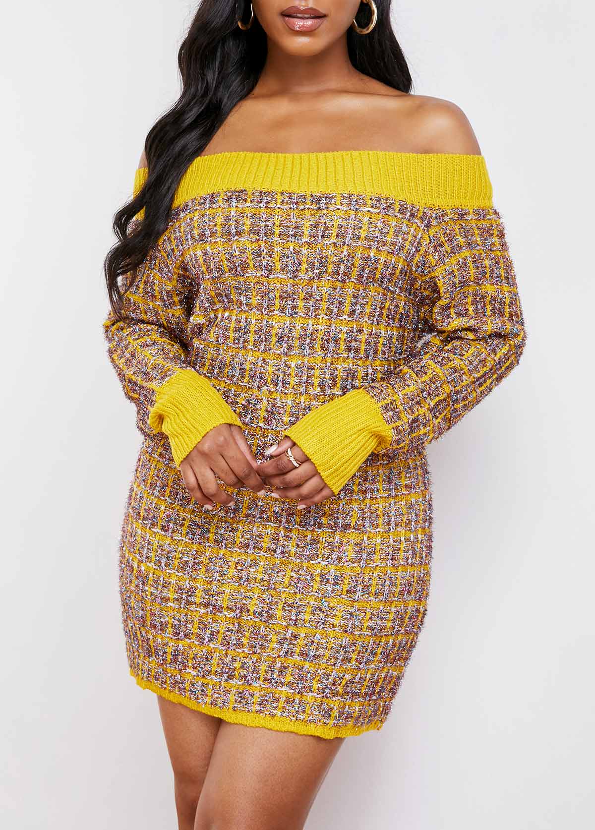 Yellow dresses,Contrast Color dresses,ROTITA Contrast Long Sleeve Off Shoulder Sweater Dress