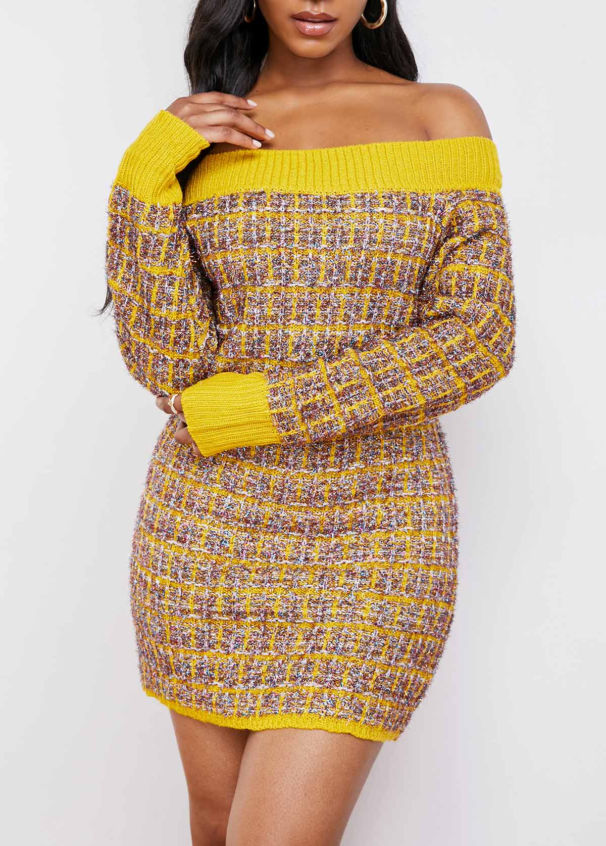 Yellow dresses,Contrast Color dresses,ROTITA Contrast Long Sleeve Off Shoulder Sweater Dress