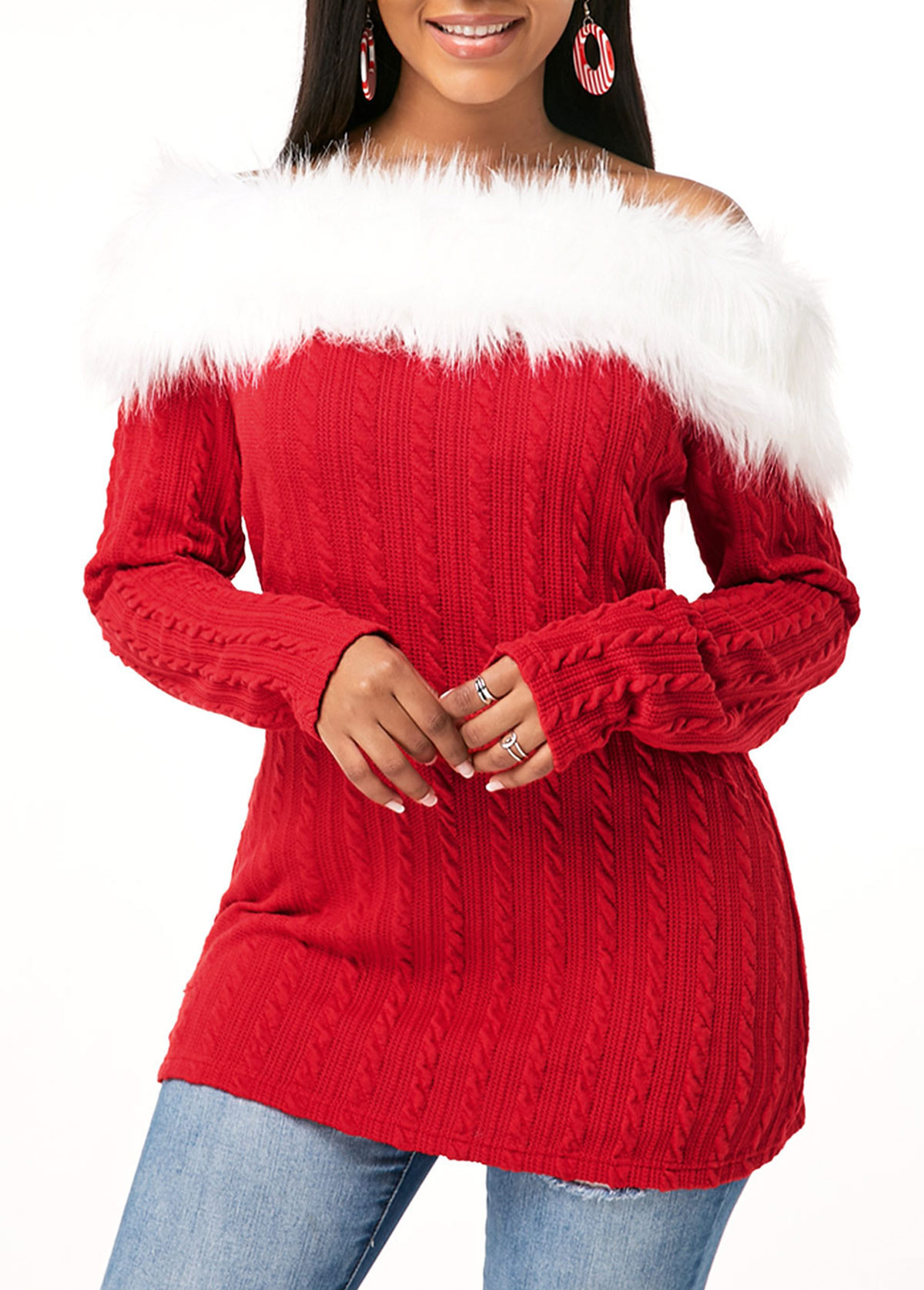 ROTITA Twist Detail Fur Collar Long Sleeve T Shirt
