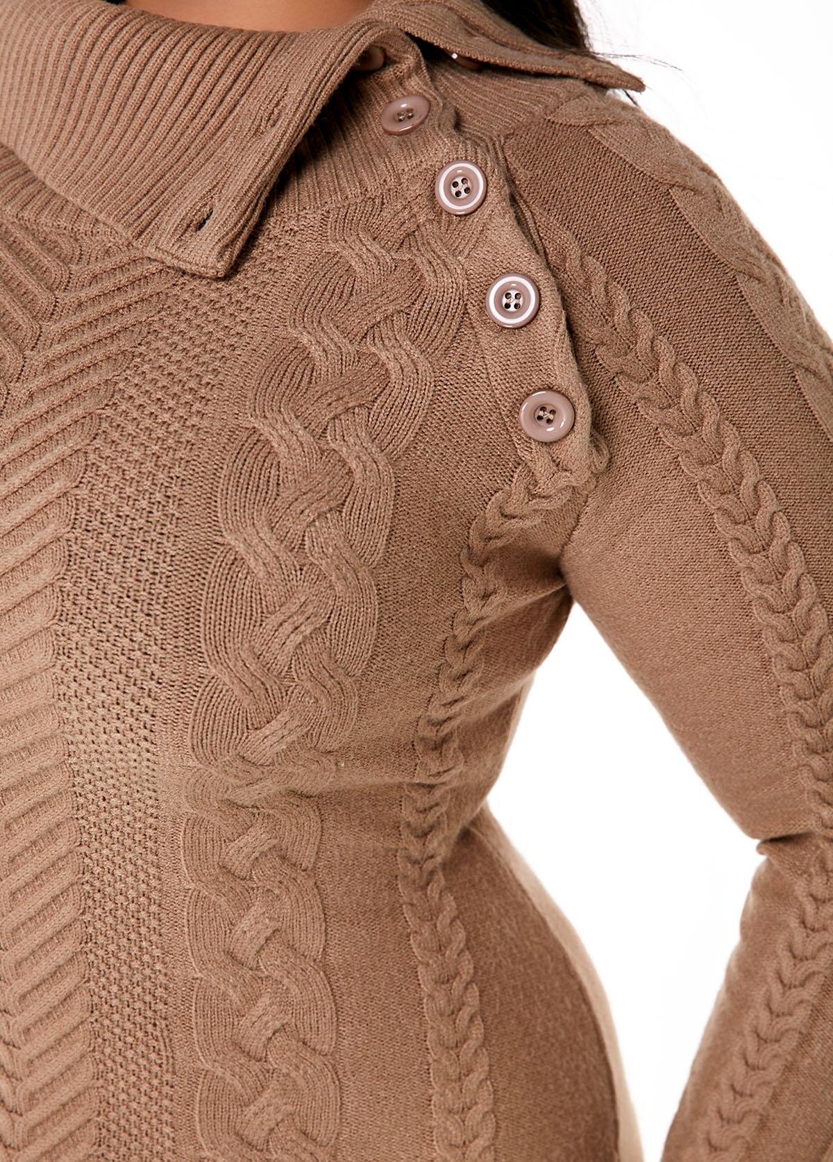 Light Coffee plus size,Plain Color plus size,ROTITA Plus Size Flap Collar Cable Knit Dress