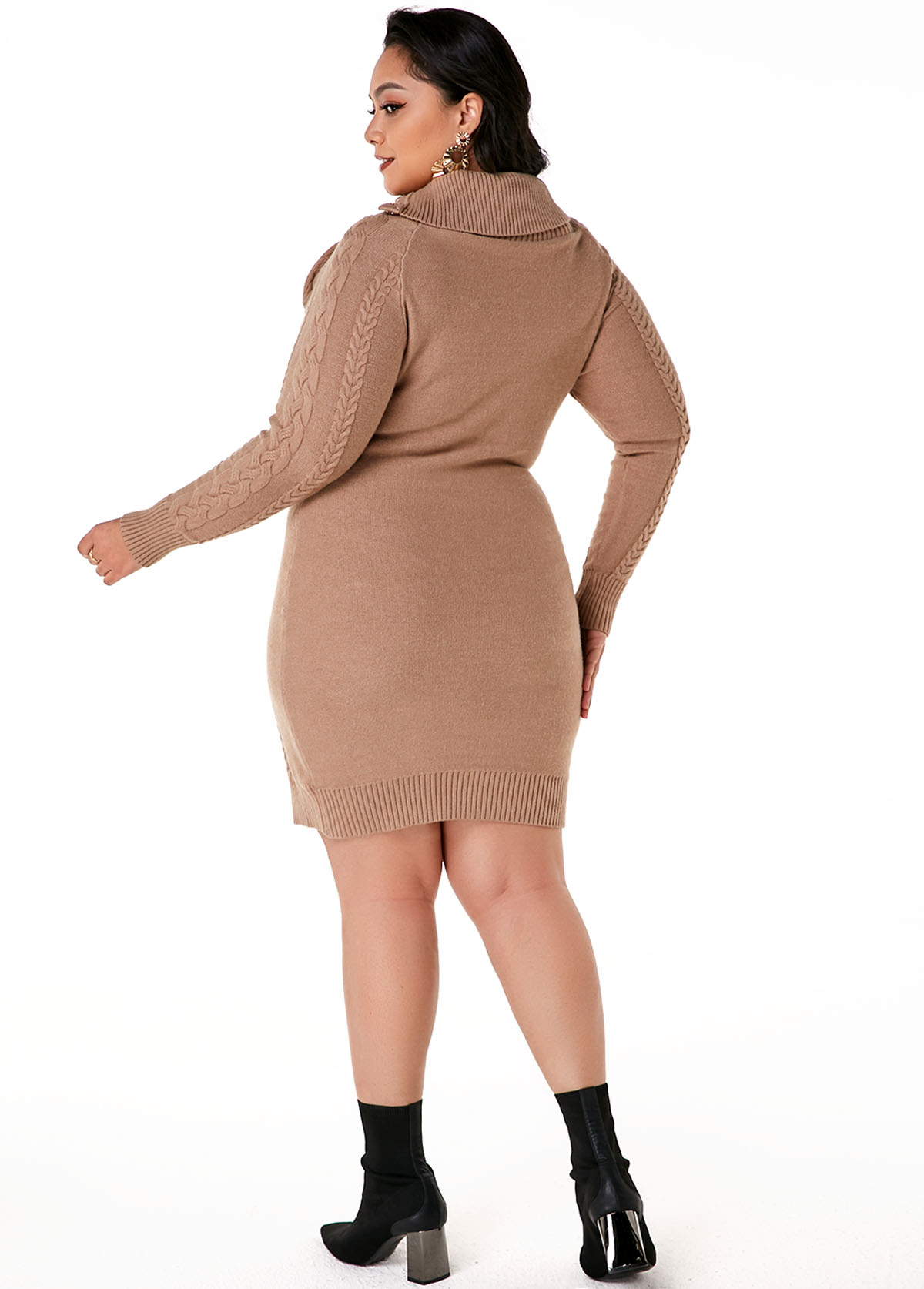 Light Coffee plus size,Plain Color plus size,ROTITA Plus Size Flap Collar Cable Knit Dress