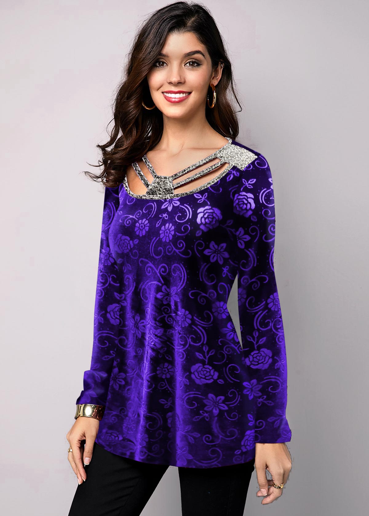 ROTITA Plus Size Purple Floral Print T Shirt