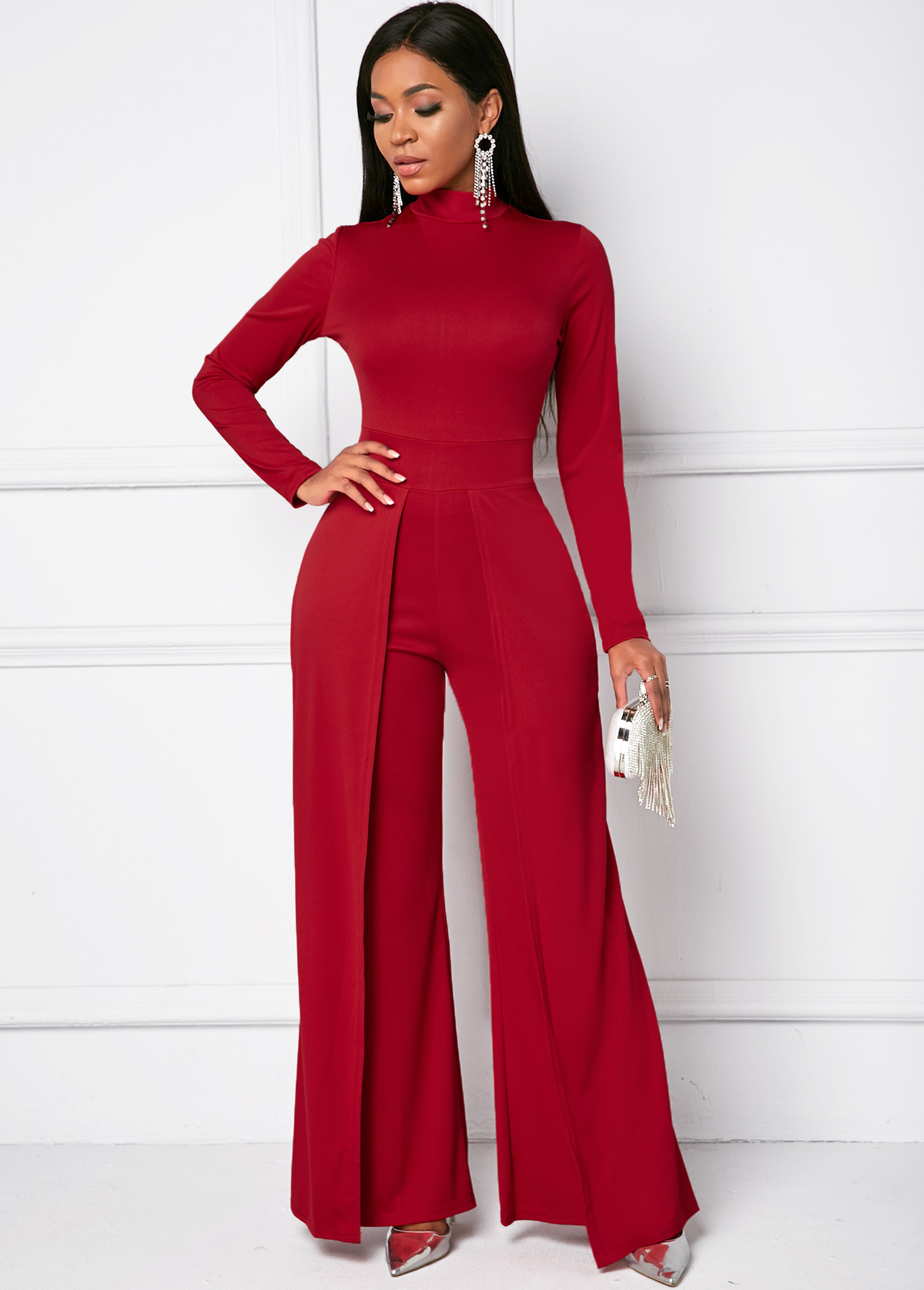 Red jumpsuits&rompers,Plain Color jumpsuits&rompers,Mock Neck Long Sleeve Wide Leg Jumpsuit