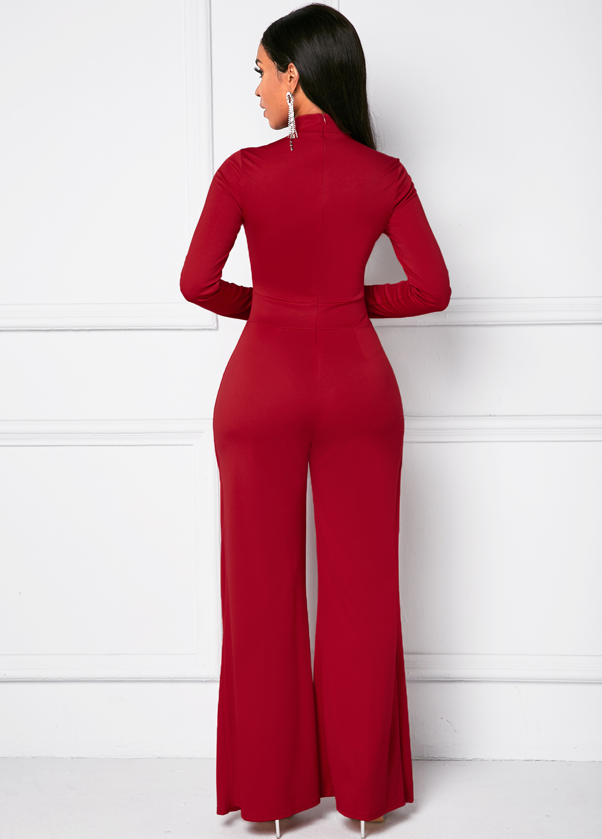 Red jumpsuits&rompers,Plain Color jumpsuits&rompers,Mock Neck Long Sleeve Wide Leg Jumpsuit