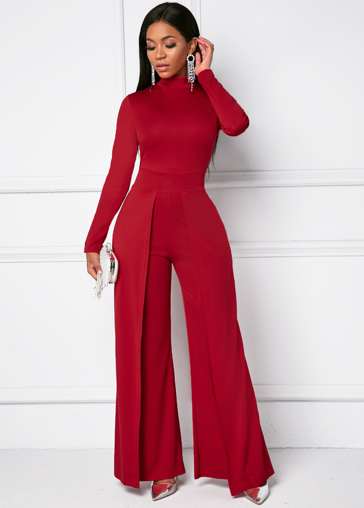 Red jumpsuits&rompers,Plain Color jumpsuits&rompers,Mock Neck Long Sleeve Wide Leg Jumpsuit