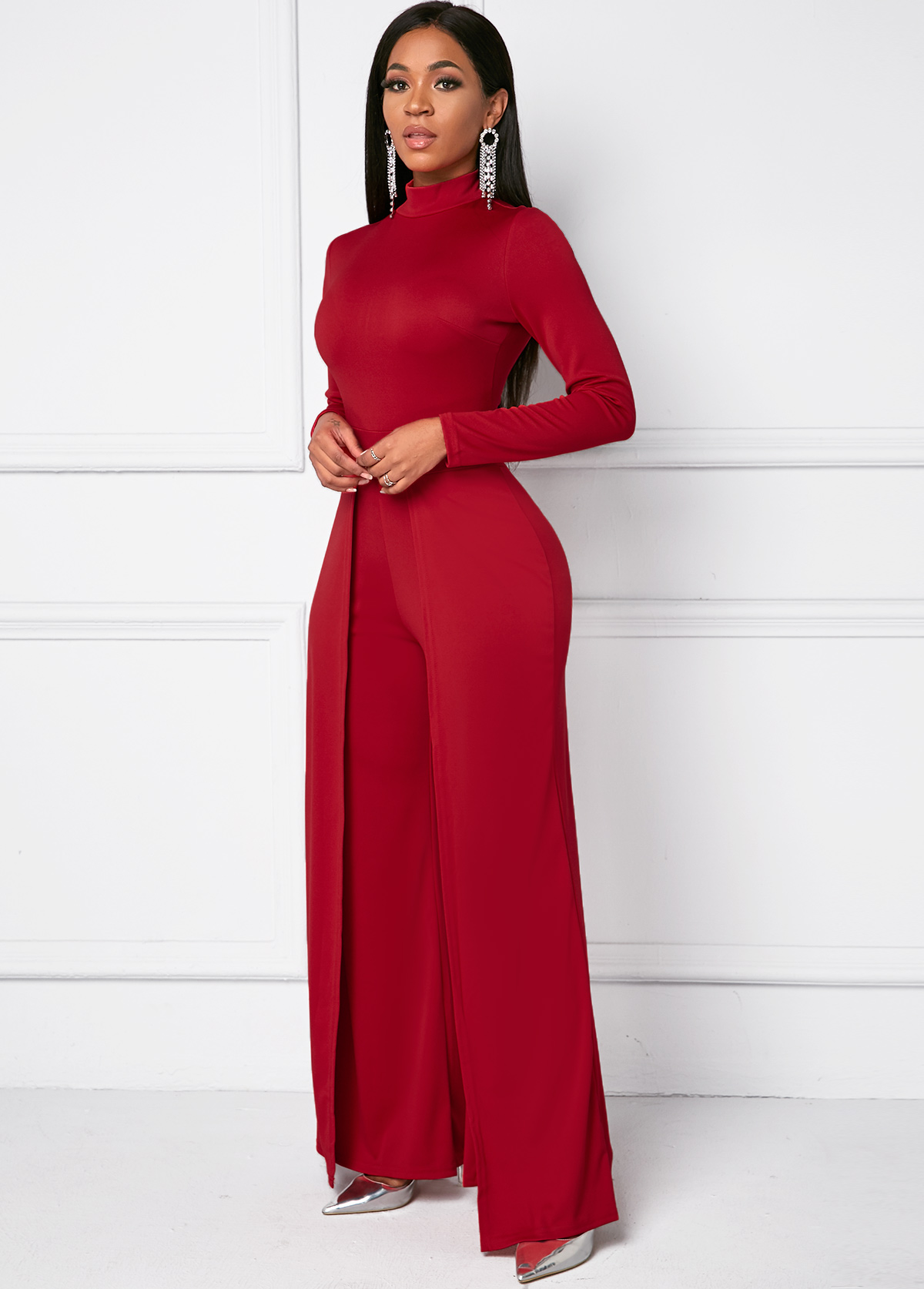 Red jumpsuits&rompers,Plain Color jumpsuits&rompers,Mock Neck Long Sleeve Wide Leg Jumpsuit