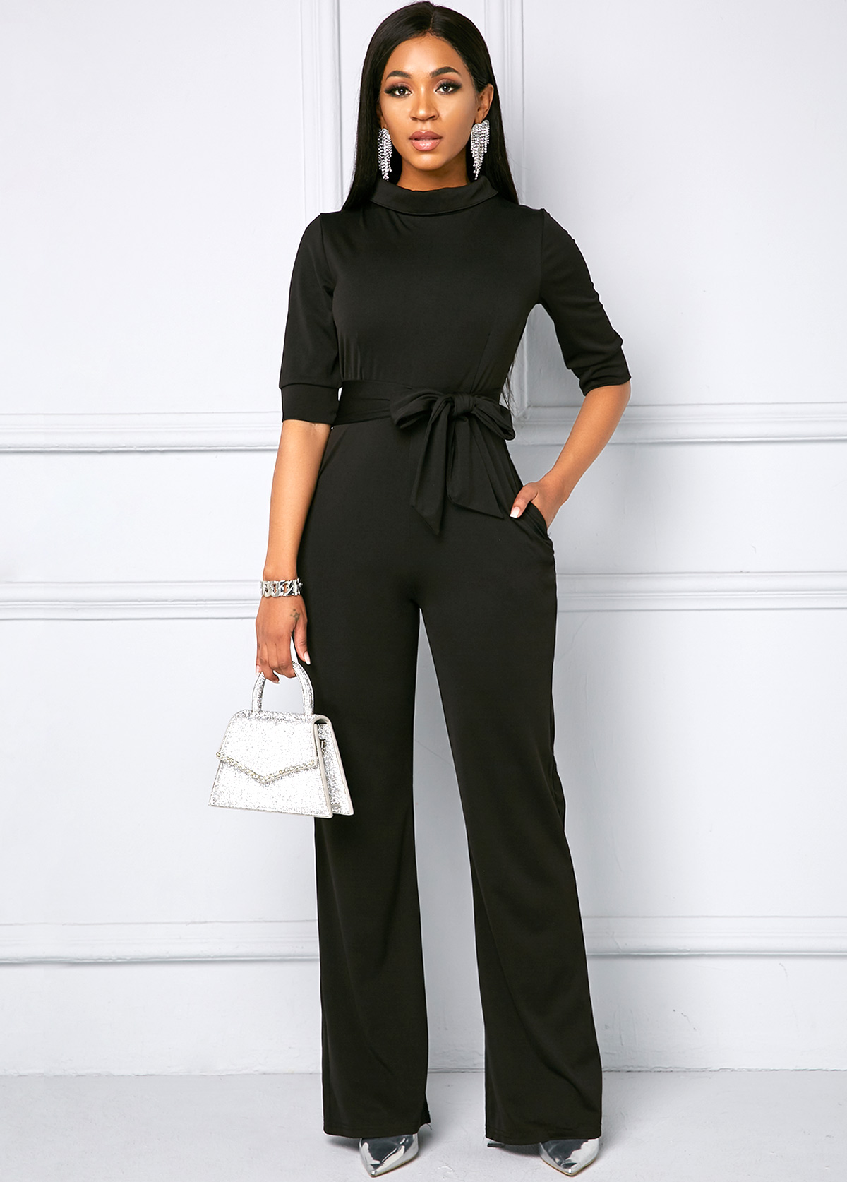 Black jumpsuits & rompers,Plain Color jumpsuits & rompers,Belted Half Sleeve Side Pocket Jumpsuit