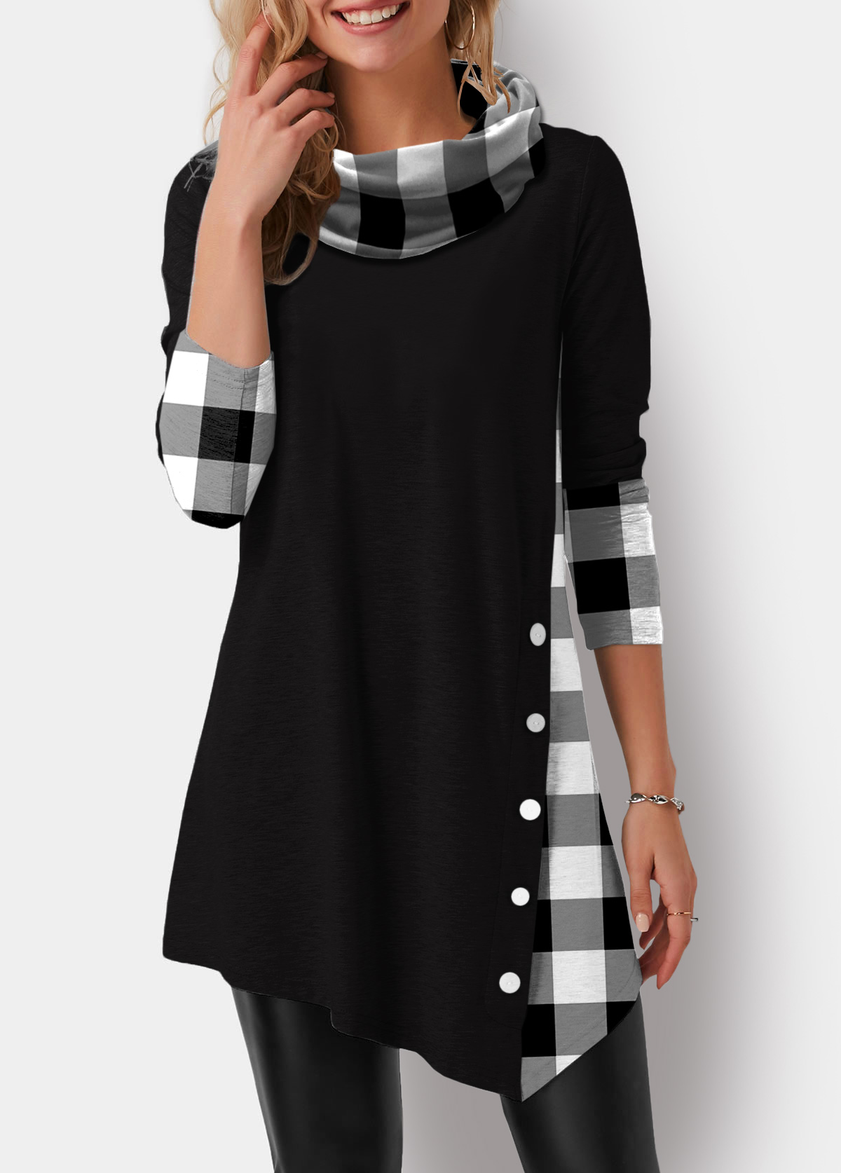 Black tops,Plaid tops,ROTITA Decorative Button Plaid Black Cowl Neck Sweatshirt