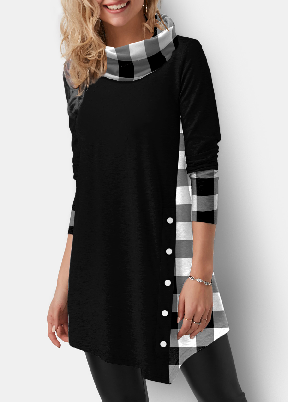 Black tops,Plaid tops,ROTITA Decorative Button Plaid Black Cowl Neck Sweatshirt