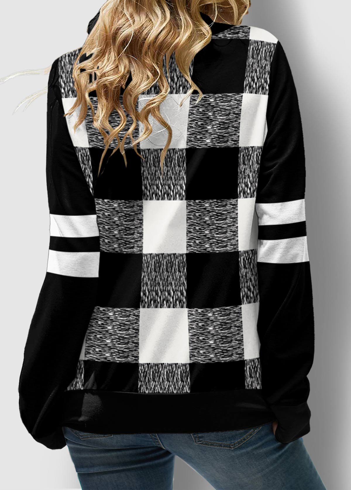 Black tops,Plaid tops,ROTITA Drawstring Neck Plaid Long Sleeve Contrast Sweatshirt