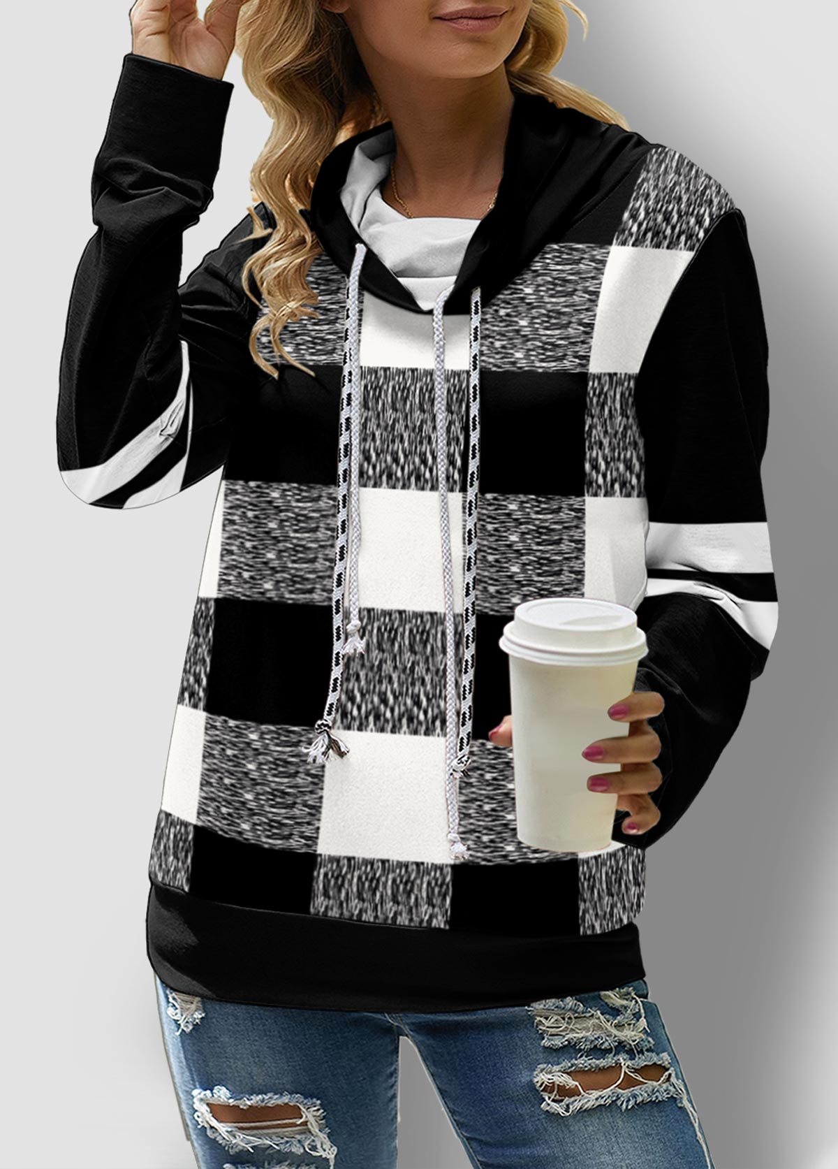Black tops,Plaid tops,ROTITA Drawstring Neck Plaid Long Sleeve Contrast Sweatshirt