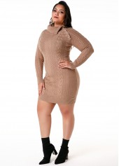 Light Coffee plus size,Plain Color plus size,ROTITA Plus Size Flap Collar Cable Knit Dress