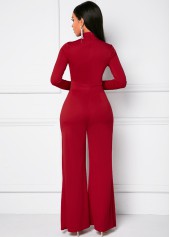 Red jumpsuits&rompers,Plain Color jumpsuits&rompers,Mock Neck Long Sleeve Wide Leg Jumpsuit