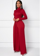 Red jumpsuits&rompers,Plain Color jumpsuits&rompers,Mock Neck Long Sleeve Wide Leg Jumpsuit
