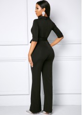 Black jumpsuits & rompers,Plain Color jumpsuits & rompers,Belted Half Sleeve Side Pocket Jumpsuit
