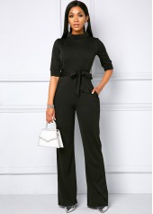 Belted Half Sleeve Side Pocket Jumpsuit