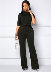 Black jumpsuits & rompers,Plain Color jumpsuits & rompers,Belted Half Sleeve Side Pocket Jumpsuit