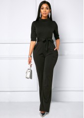 Black jumpsuits & rompers,Plain Color jumpsuits & rompers,Belted Half Sleeve Side Pocket Jumpsuit