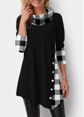 ROTITA Decorative Button Plaid Black Cowl Neck Sweatshirt