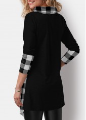 Black tops,Plaid tops,ROTITA Decorative Button Plaid Black Cowl Neck Sweatshirt