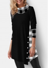 Black tops,Plaid tops,ROTITA Decorative Button Plaid Black Cowl Neck Sweatshirt