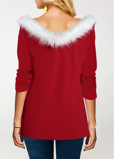 Red tops,Contrast Color tops,ROTITA Inclined Button Fur Collar Tulip Hem T Shirt
