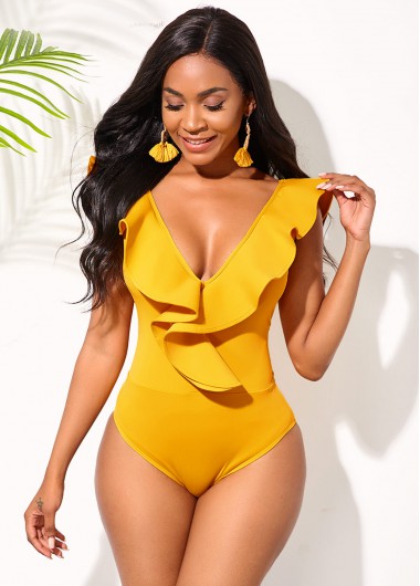 Yellow swimwear,Plain Color swimwear,ROTITA Low Back Flounce One Piece Swimwear