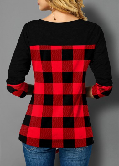 Red tops,Plaid tops,ROTITA Asymmetric Hem Button Plaid T Shirt