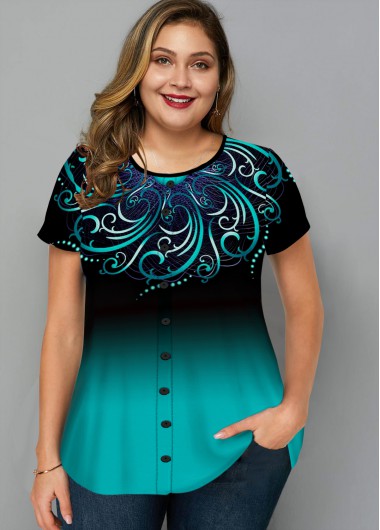 Cyan plus size,Tribal plus size,ROTITA Plus Size Ombre Tribal Print T Shirt