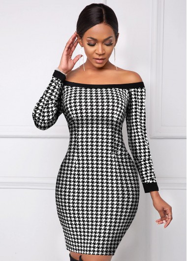 Black dresses,Houndstooth dresses,ROTITA Boat Neck Houndstooth Print Long Sleeve Dress