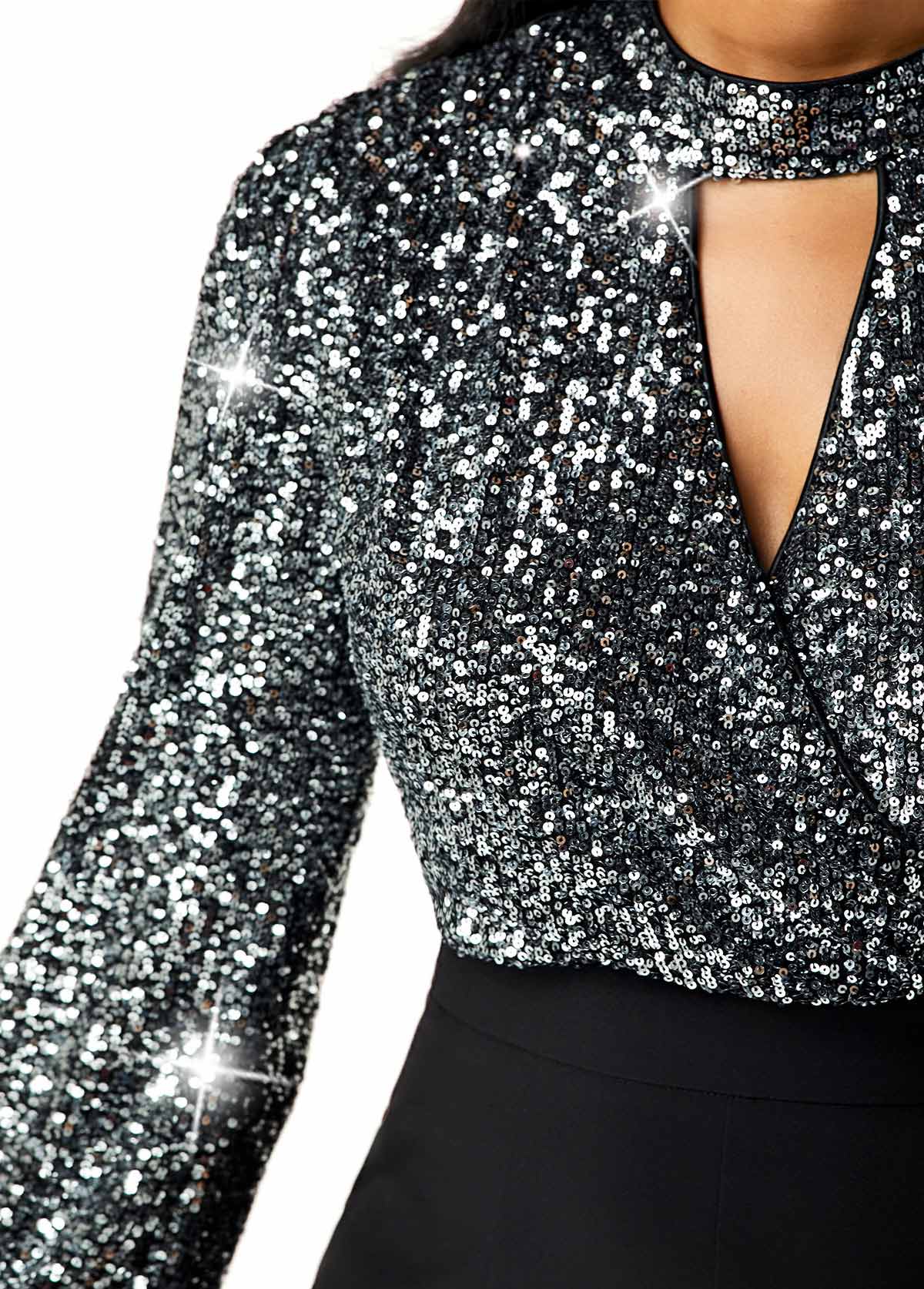 Black jumpsuits & rompers,Contrast Color jumpsuits & rompers,ROTITA High Waist Sequin Embellished Cutout Front Jumpsuit