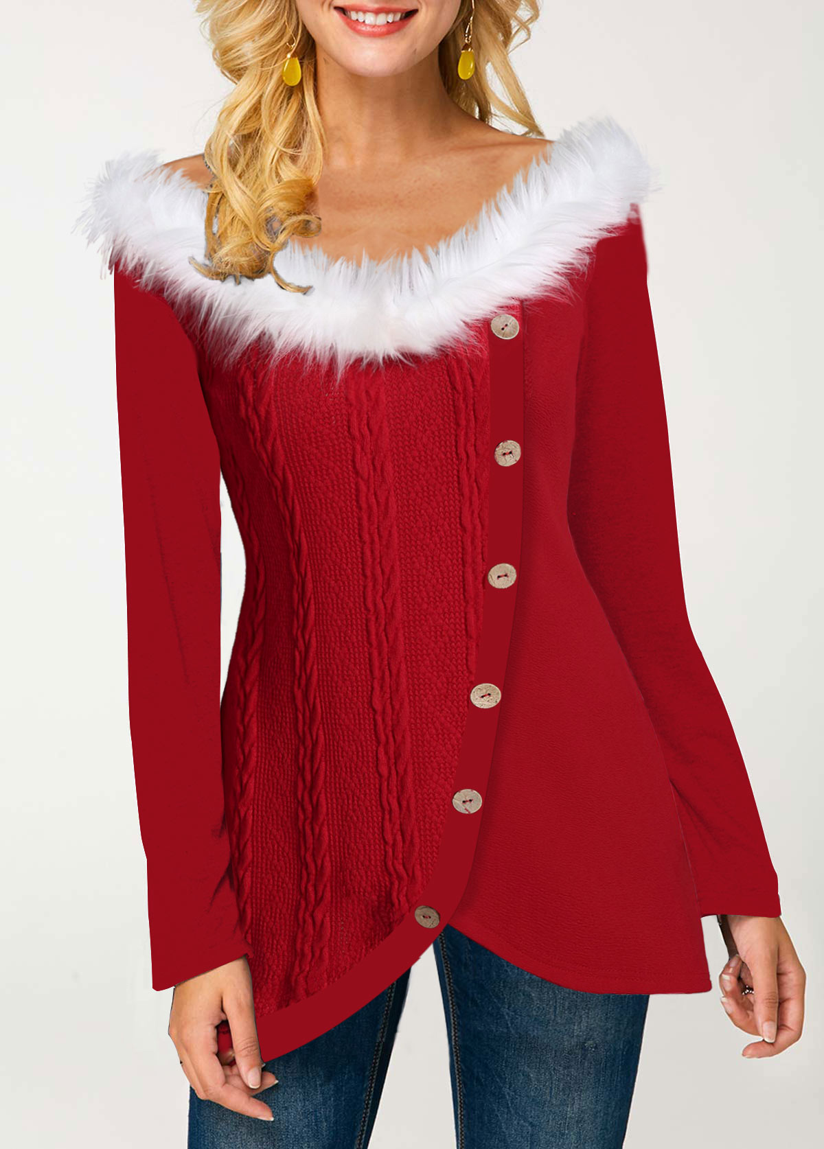 Red plus size,Contrast Color plus size,ROTITA Plus Size Fluffy Collar Tulip Hem T Shirt