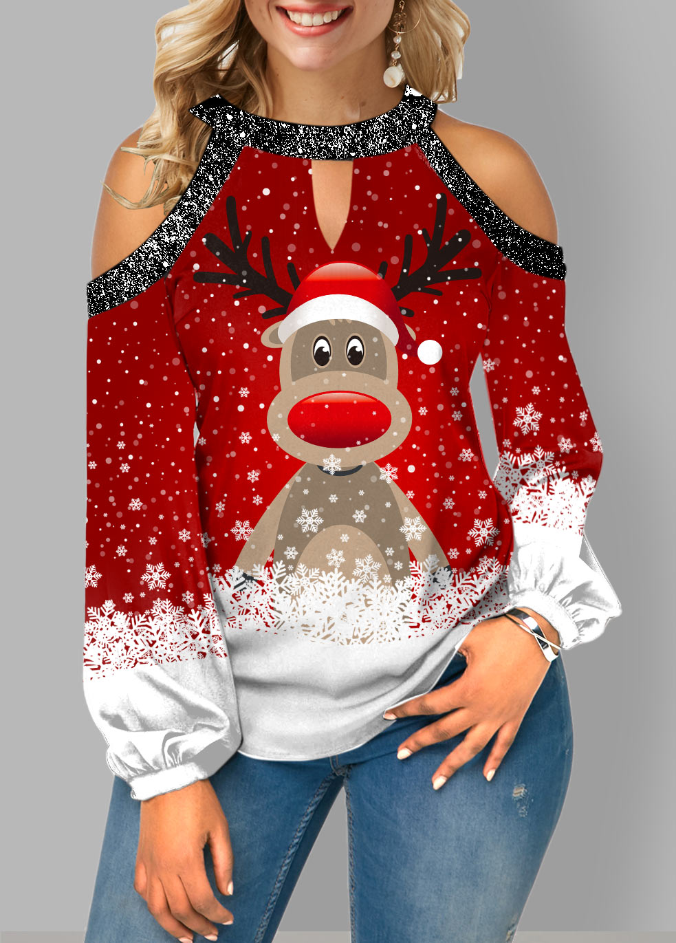 ROTITA Cold Shoulder Christmas Print Sequin Contrast Blouse