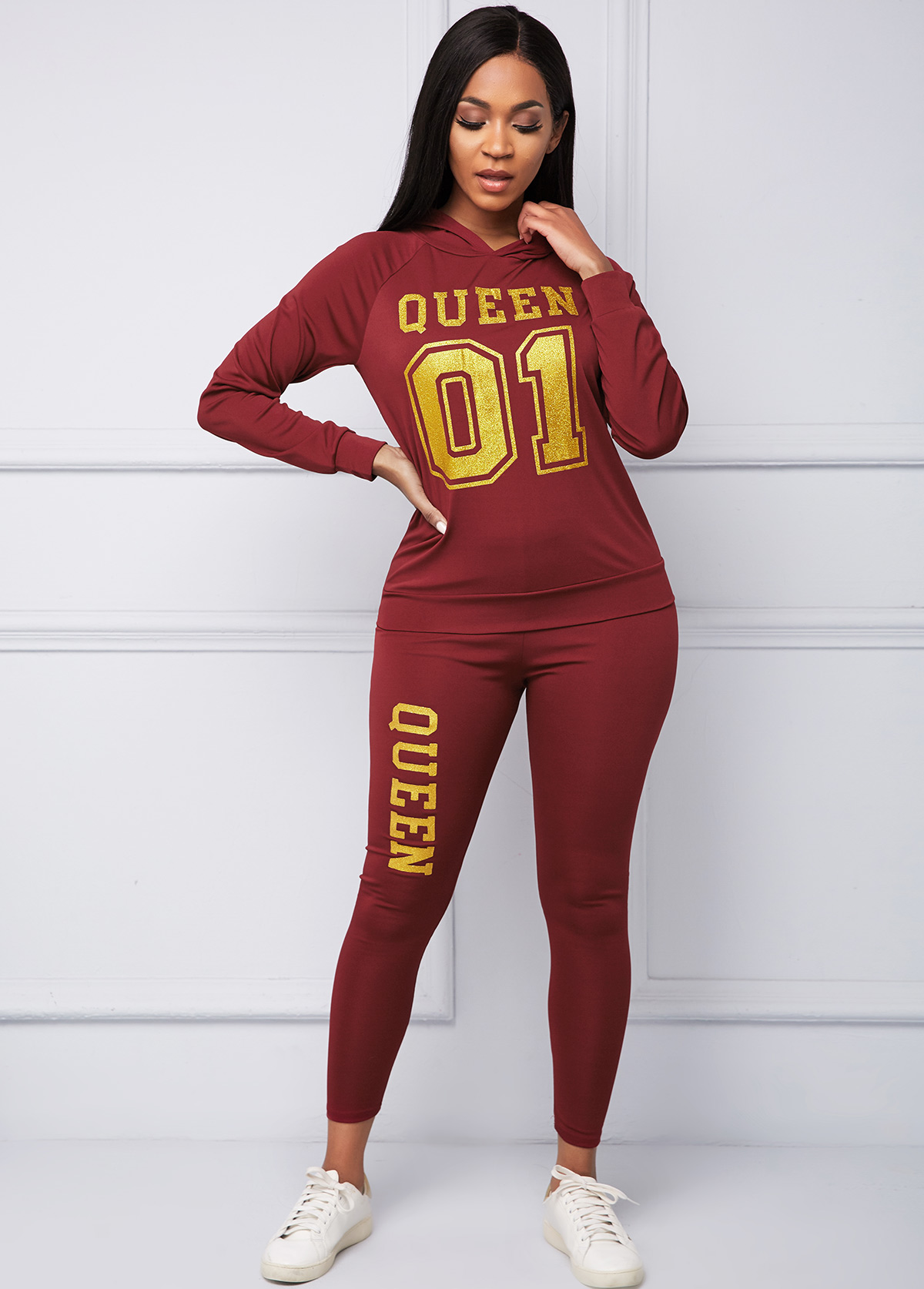 Letter Print Hooded Collar Hot Stamping Sweatsuit Set