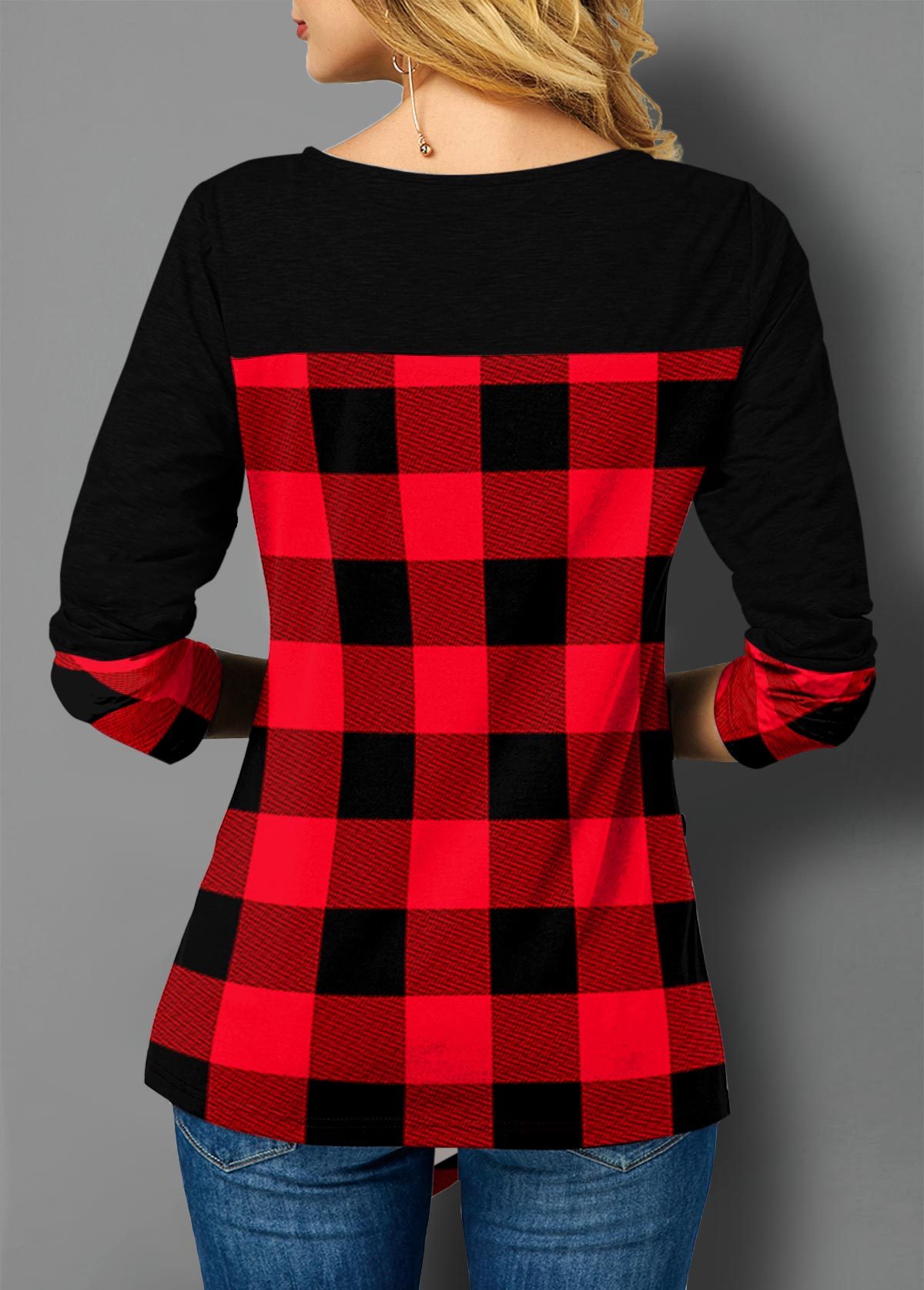 Red tops,Plaid tops,ROTITA Asymmetric Hem Button Plaid T Shirt