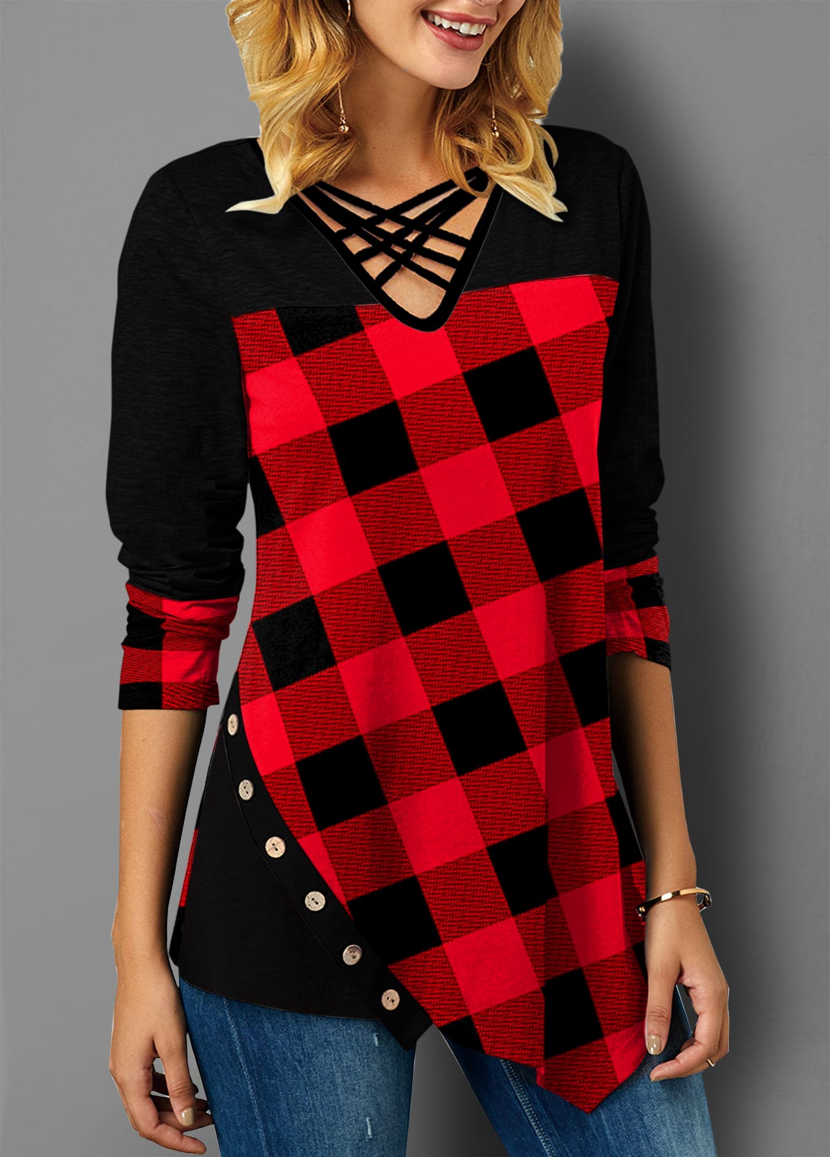Red tops,Plaid tops,ROTITA Asymmetric Hem Button Plaid T Shirt