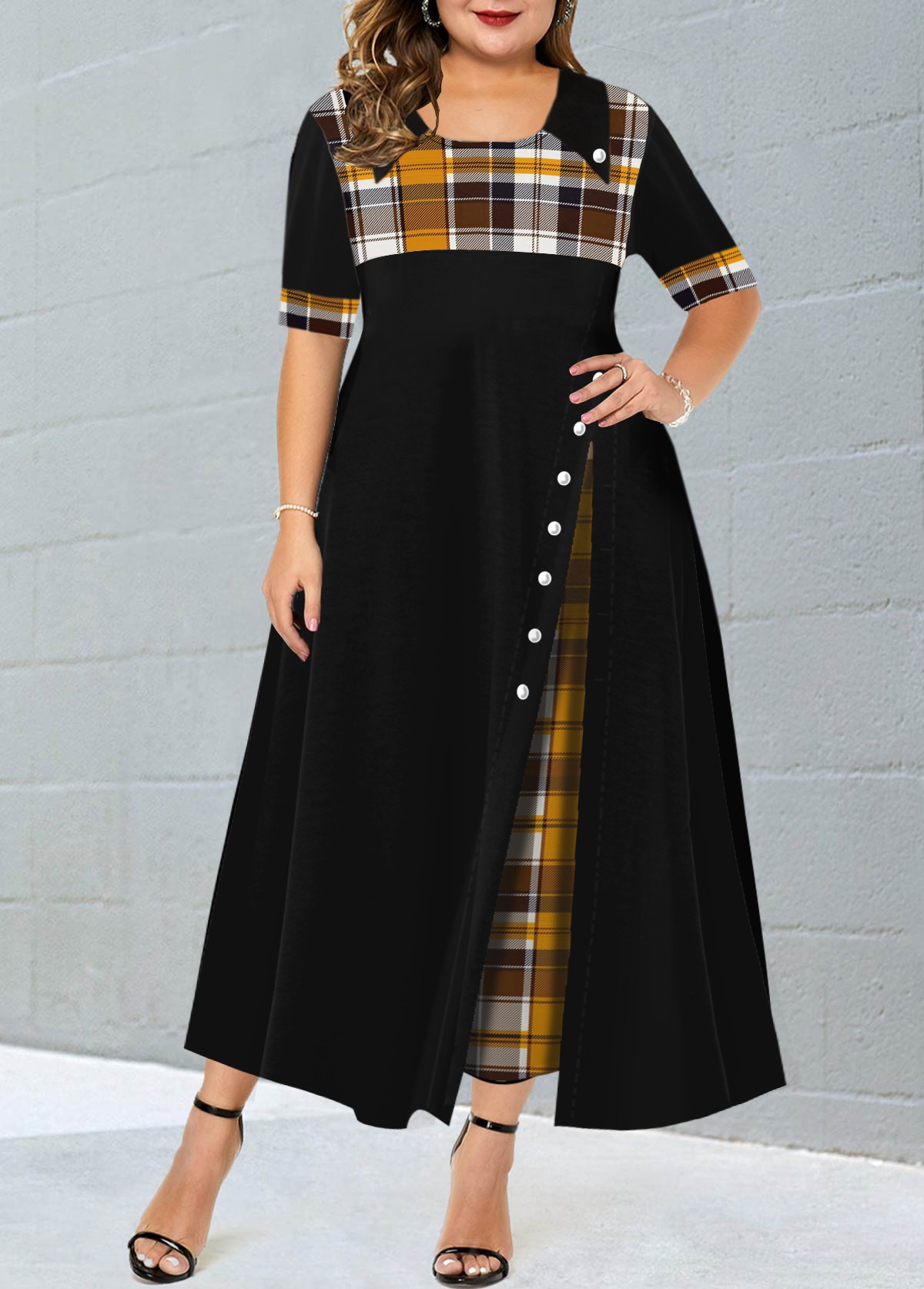 Ginger plus size,Plaid plus size,ROTITA Plus Size Decorative Button Ginger Plaid Dress