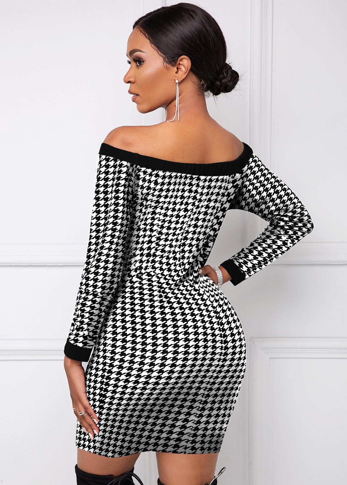 Black dresses,Houndstooth dresses,ROTITA Boat Neck Houndstooth Print Long Sleeve Dress