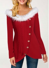 Red plus size,Contrast Color plus size,ROTITA Plus Size Fluffy Collar Tulip Hem T Shirt