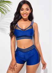 Blue swimwear,Plain Color swimwear,ROTITA Double Strap Mesh Stitching Bikini Set