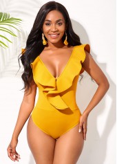 Yellow swimwear,Plain Color swimwear,ROTITA Low Back Flounce One Piece Swimwear