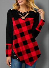 ROTITA Asymmetric Hem Button Plaid T Shirt